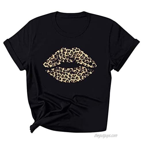 Graphic Tees for Women Funny Leopard Print Tops Casual Short Sleeve Shirt 2020 Junior Girls Cute Lips Tshirt