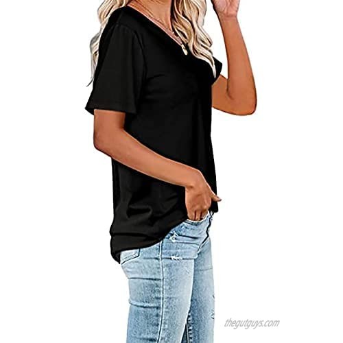 HKDGID 2021 New Womens T-Shirts Round Neck Short Sleeve Solid Pocket Tops