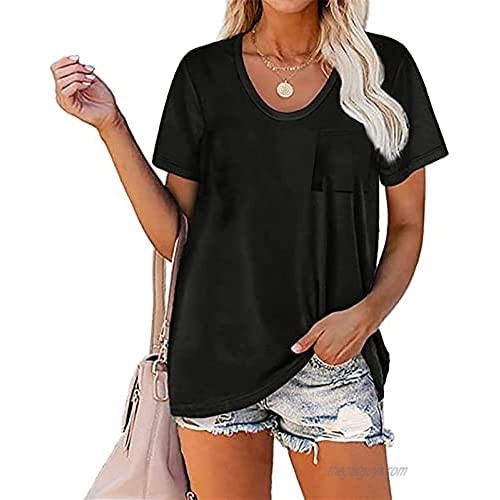 HKDGID 2021 New Womens T-Shirts Round Neck Short Sleeve Solid Pocket Tops
