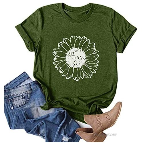 Mikilon Sunflower Print Graphic Tees for Women Short Sleeve Crewneck Funny T Shirt Shirts Tops Blouse