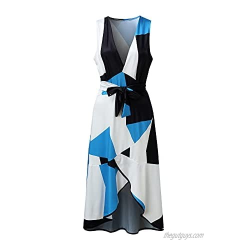 Sayhi Women Print Sleeveless Irregular Dress Asymmetrical Ruffle Split Maxi Dress Beach Dresses Party Dress