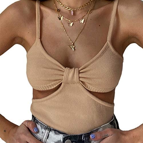 Sdencin Women Sexy Irregular Backless Hollow Out Knitted Crop Top V-Neck Casual Spaghetti Basic Crop Cami Tee Top Blouse