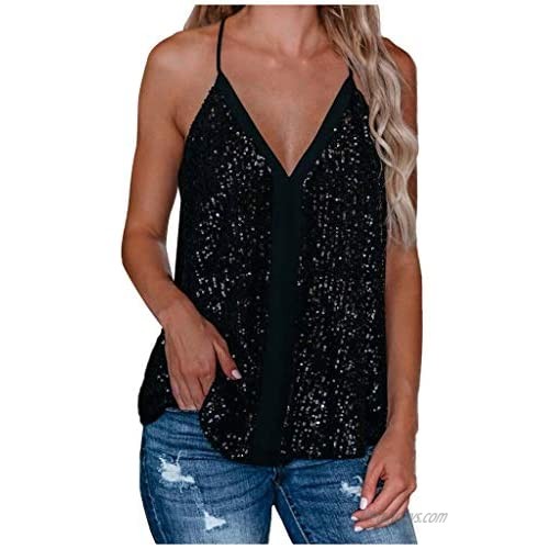 Sequin Strap Loose Vest  QIQIU Womens Sexy V Neck Party Casual Sleeveless Fashion Tunic Tank Tops T-Shirt