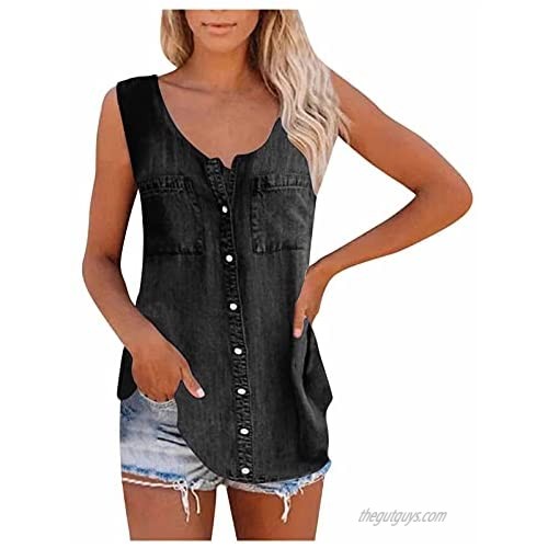 Sleeveless Vest t-Shirt ，Casual Solid Color Denim Button Round Neck Pocket Top