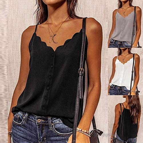 Tank Top Women Daily Casual Button All Match Lace Trim V-Neck Sleeveless Strapless Top T-Shirt Lazy Sling Camisole