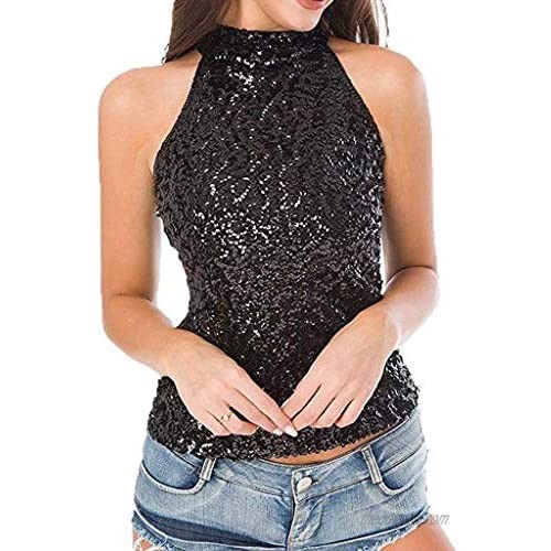 vermers Sequins Tank Tops for Women Women's Shimmer Flashy Embellished Sparkle Vest Fashion Solid T Shirt