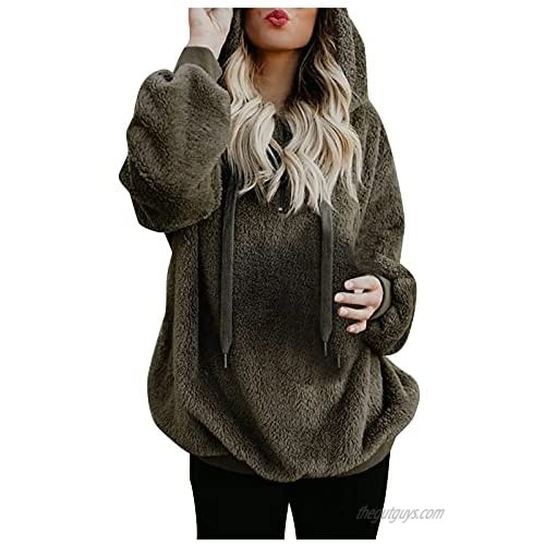 Women Casual Double Fuzzy Sweatshirt Faux Fleece Zip UP Pullover Hoodies Coat Outwear