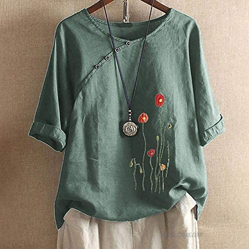 Women Cotton Linen Summer Tops 3/4 Sleeve Plus Size Round Neck Fashion Printing Loose Casual Buttons Blouse Shirt