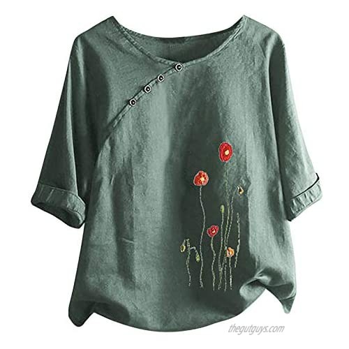 Women Cotton Linen Summer Tops 3/4 Sleeve Plus Size Round Neck Fashion Printing Loose Casual Buttons Blouse Shirt