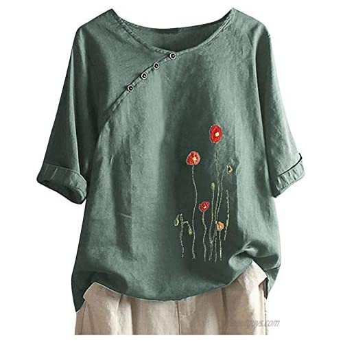 Women Cotton Linen Summer Tops  3/4 Sleeve Plus Size Round Neck Fashion Printing Loose Casual Buttons Blouse Shirt