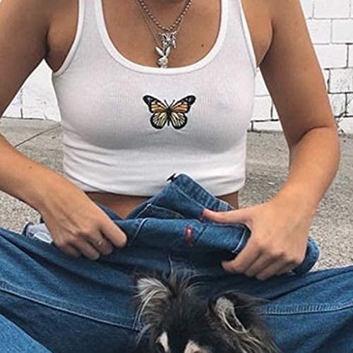 Women Sexy Summer Butterfly Embroidery Camisole Sleeveless Backless Crop Tops
