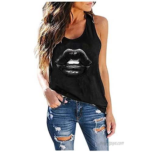 Women Sleeveless Tank Tops Plus Size Lips Print T-shirt Summer Workout Tank Tops