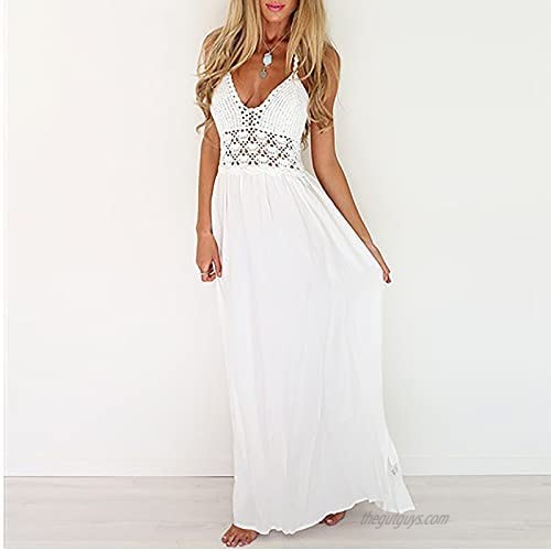 Womens Casual Floral Lace V Neck Short Sleeve Backless Long Evening Dress Cocktail Party Maxi Wedding Dress