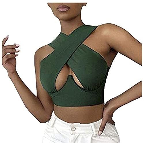 Women's Crisscross Vest Solid Cami Tank Tops Cut Out Halter Wrap Crop Top