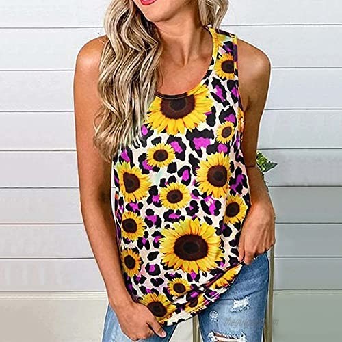 Women's O-Neck Sleeveless Sunflower Prints Loose Casual Plaid Back Blouse