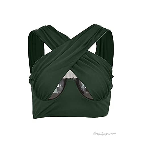 Women's Sexy Sleeveless Crisscross Cut Out Vest Halter Wrap Crop Top Solid Color Cami Push Up Bustier Corset Tops
