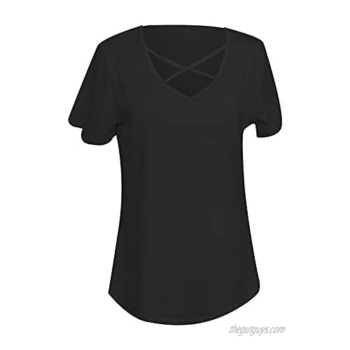 Women's Short Sleeve V-Neck T Shirt Casual Tops Summer Loose Criss Cross Shirt Tees Blouses