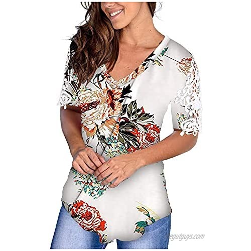 Womens Summer Tops  Women's Lace Short Sleeve Tops Casual Blouse Lace Sleeve Floral Summer V Neck T-Shirt Pullover