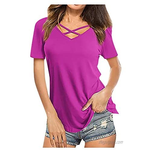 Womens T-Shirt Casual V Neck Short Sleeve Criss Cross Tops Summer Loose Blouses T Shirt Tees