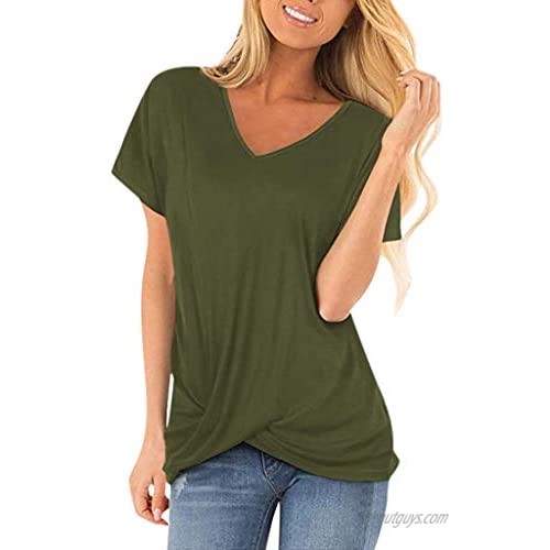 Womens T-Shirt Fashion O-Neck Short Sleeve Knotted Solid Color Blouses Summer Casual Tops Plus Size