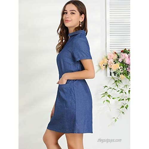 Allegra K Women's Turndown Collar Chambray Solid A-Line Shirt Dress with Pockets
