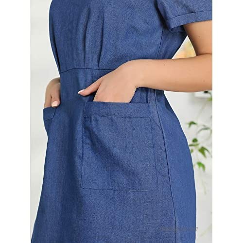 Allegra K Women's Turndown Collar Chambray Solid A-Line Shirt Dress with Pockets