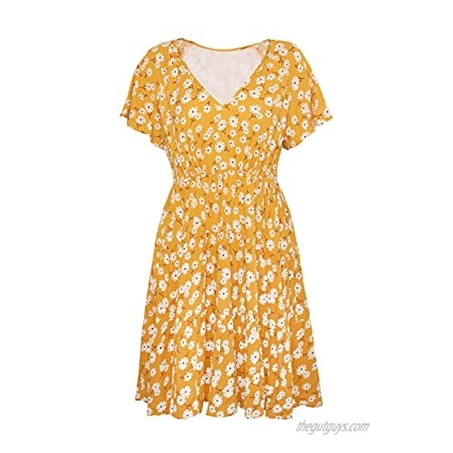 CUPSHE Women's Vintage Floral V-Neck Yellow Above Knee Dress