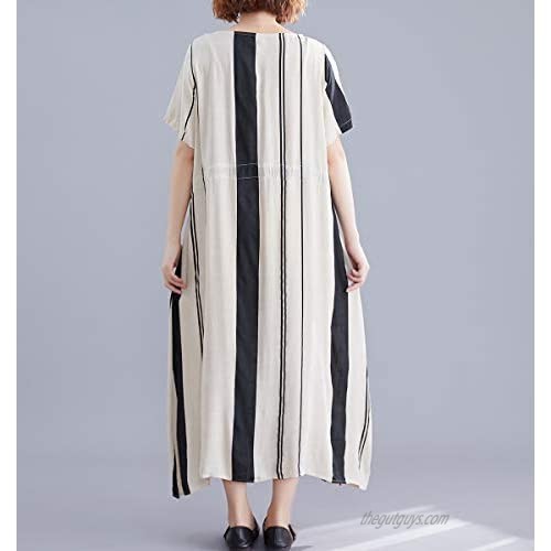 ellazhu Women's Summer Scoop Neck Short Sleeve Stripe Oversized Long Dress with Belt GA1456