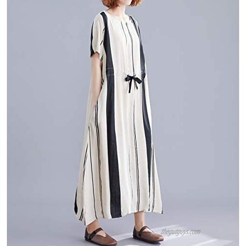 ellazhu Women's Summer Scoop Neck Short Sleeve Stripe Oversized Long Dress with Belt GA1456