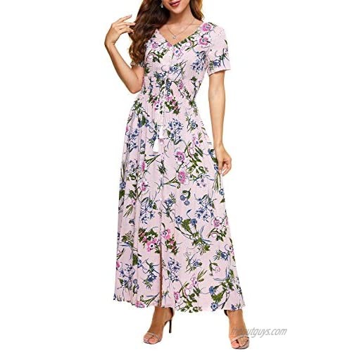 FARVALUE Women's Floral Maxi Long Dress Summer Flowy Party Beach Button Up Short Sleeve Dresses with Pockets for Women