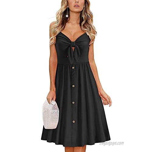 GEMLON Women Dresses Tie Front V-Neck Spaghetti Strap Sundress Summer Button Down Backless Swing Midi Dress