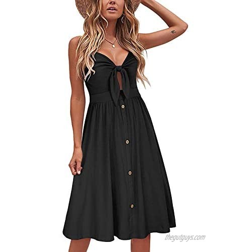 GEMLON Women Dresses Tie Front V-Neck Spaghetti Strap Sundress Summer Button Down Backless Swing Midi Dress