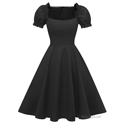 Hanpceirs Women's Puff Short Sleeve 1950s Party Dresses Square Neck Aline Dress with Pockets