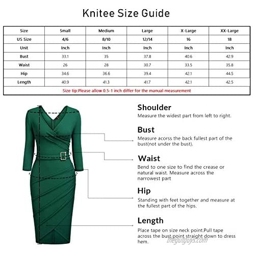 Knitee Women's Vintage V-Neck Criss Cross Ruched Evening Party Cocktail Bodycon Sheath Formal Pencil Dress