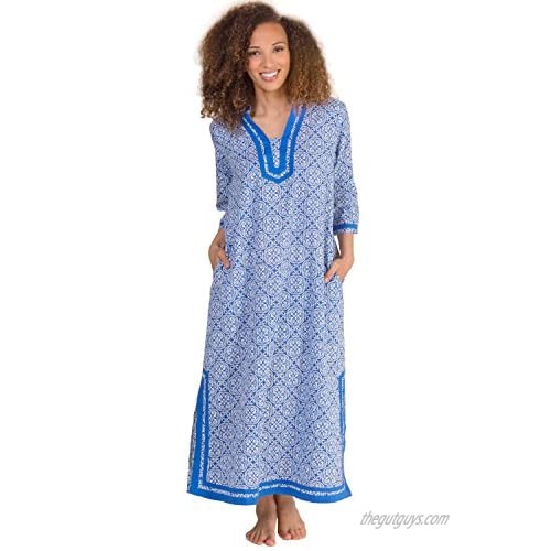 LaCera 2/3 Sleeve Cotton Caftan Dress in Mandolin Blue