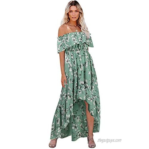 LANISEN Women's Summer Casual Off Shoulder Ruffle Short Sleeves Boho Floral High Low Flowy Swing Beach Party Maxi Dress