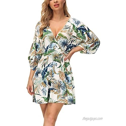 Missufeintl Women's Wrap V Neck Floral Long Sleeve Sundress Summer Short Dress