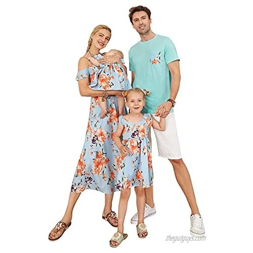 Mommy and Me Matching Dress Floral Printed Chiffon Ruffles Dresses Summer Beach Family Matching Outfits