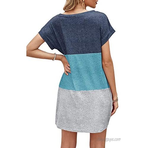ReachMe Womens Color Block Twist Knot Tshirt Dresses Casual Short Sleeve Tunic Dress Summer Dress with Pockets