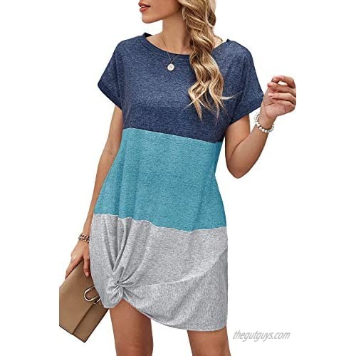 ReachMe Womens Color Block Twist Knot Tshirt Dresses Casual Short Sleeve Tunic Dress Summer Dress with Pockets