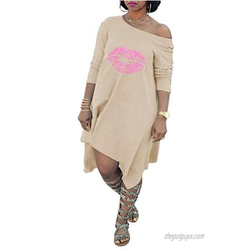 Remelon Womens Long Sleeve One Off Shoulder Lip Print Loose Fit Asymmetrical T Shirt Knee Length Mini Dress