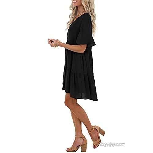 Rilista Womens Summer Dresses Button V Neck Short Sleeve Flowy Mini Dress