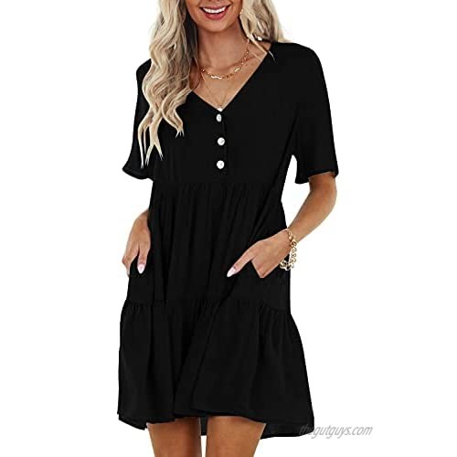 Rilista Womens Summer Dresses Button V Neck Short Sleeve Flowy Mini Dress