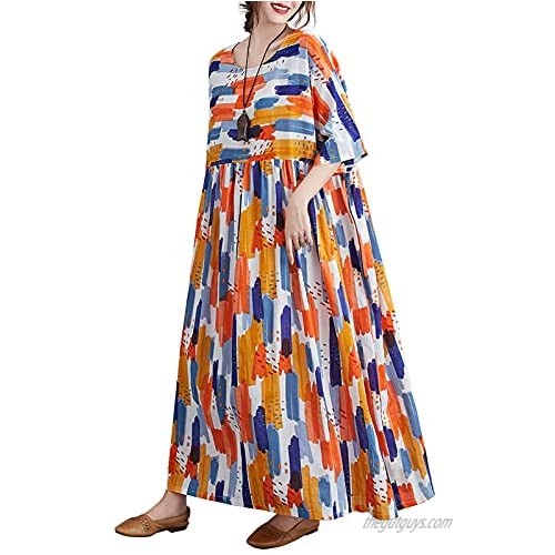 Romacci Cotton Linen Dress Vintage Floral Print Maxi Dress Boho Beach Summer Loose Plus Size