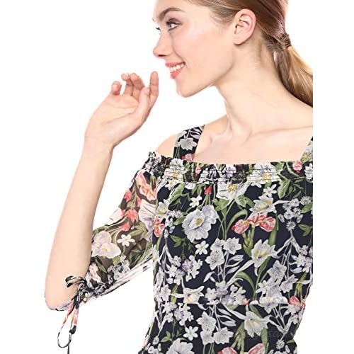 Sam Edelman Women's Elbow Sleeve Fit and Flare Floral Dress with Smocked Back