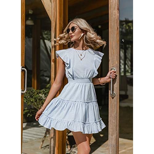 Simplee Women's Embroidery Floral Short Sleeve Tiered Ruffle Swing Mini Dress Summer V Neck A Line Dresses with Belt