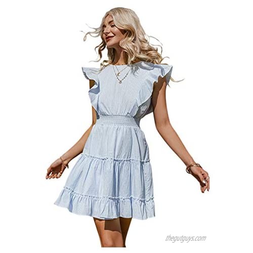 Simplee Women's Embroidery Floral Short Sleeve Tiered Ruffle Swing Mini Dress Summer V Neck A Line Dresses with Belt