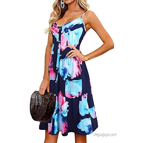 STYLEWORD Women's Summer Floral Spaghetti Strap Button Down Casual Midi Dress with Pockets