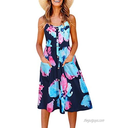 STYLEWORD Women's Summer Floral Spaghetti Strap Button Down Casual Midi Dress with Pockets