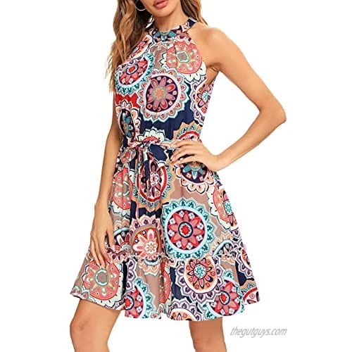 Summer Halter Boho Dresses for Women with Strap Belt Sleeveless Casual Floral Ruffle Flowy Short Sun Dress Outfits